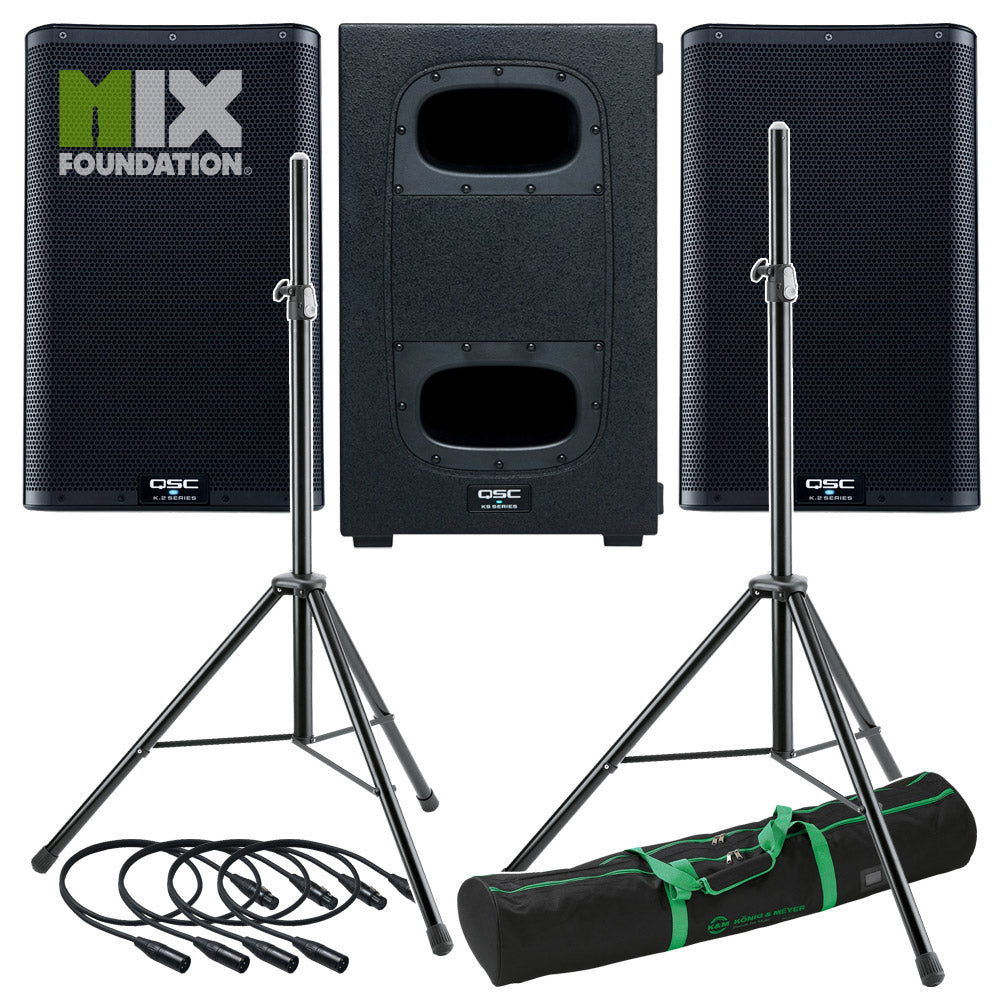 QSC K10.2 + KS112 | 6KW Powered 10" Speakers with Powered 12" Sub & Stands Package System 2