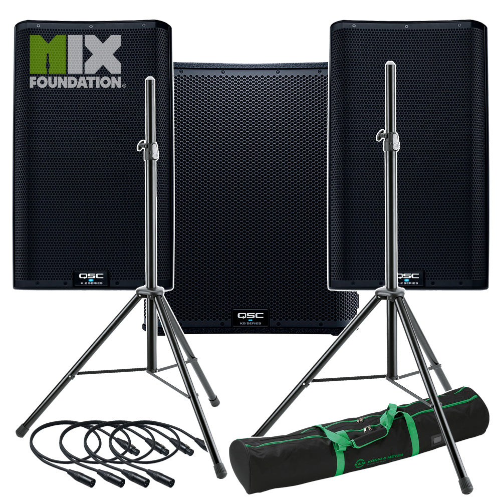 QSC K12.2 + KS118 | 7.6KW Powered 12" Speakers with Powered 18" Sub & Stands Package System 3